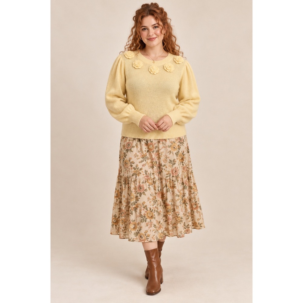Boho Cottagecore Romantic Soft Yellow Floral Rosette Puff Sleeve Knit L Sweater